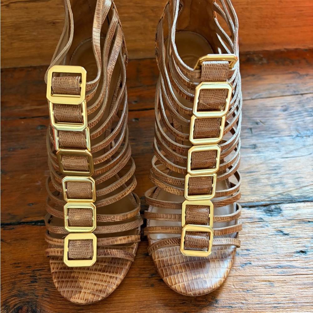 Tory Burch Tan Heels with Gold Buckles